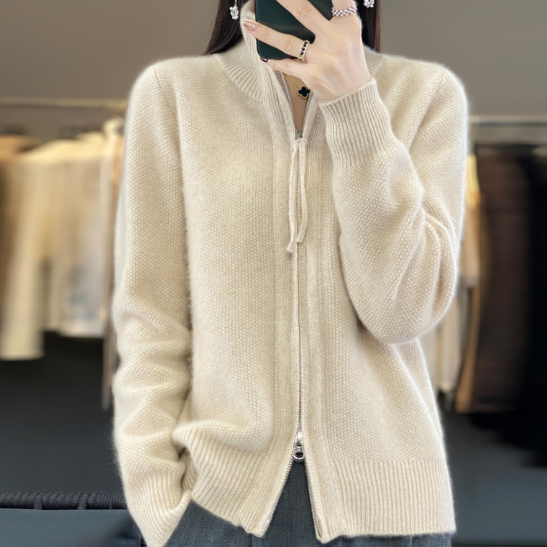 Elegante Wollmischung Zip-Up Strickjacke | Klassische Damenmode | Clara