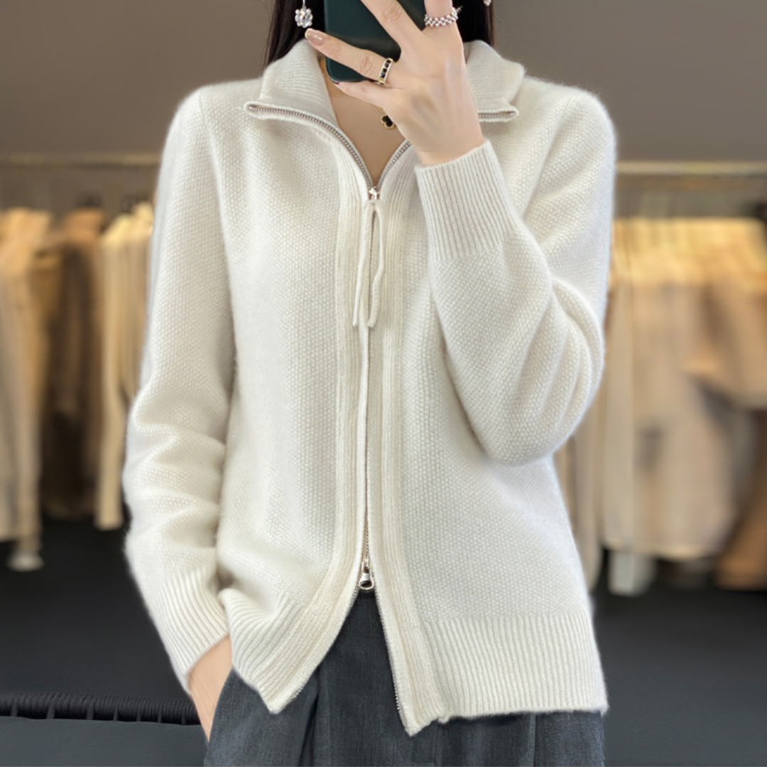 Elegante Wollmischung Zip-Up Strickjacke | Klassische Damenmode | Clara