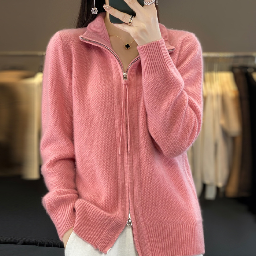 Elegante Wollmischung Zip-Up Strickjacke | Klassische Damenmode | Clara