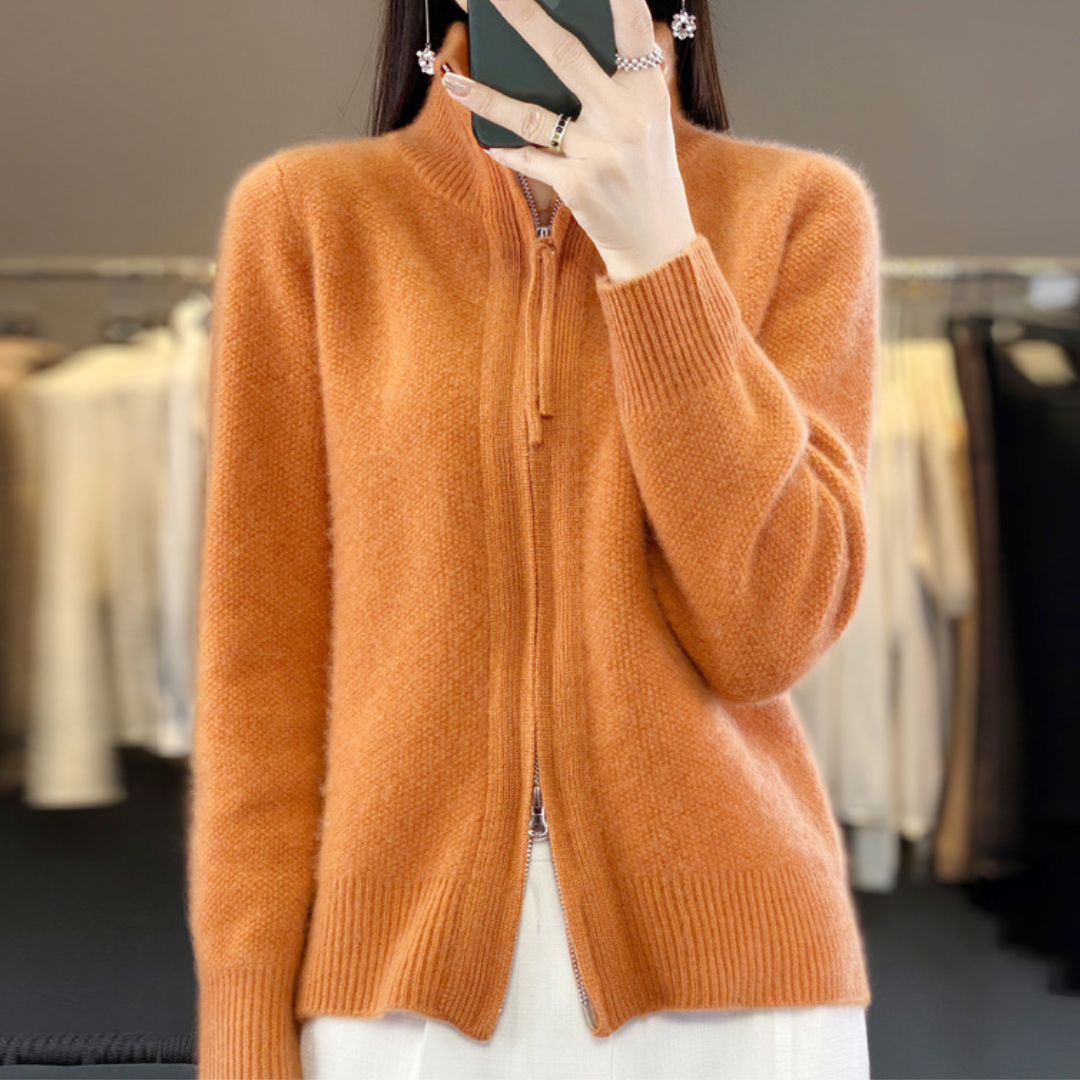 Elegante Wollmischung Zip-Up Strickjacke | Klassische Damenmode | Clara