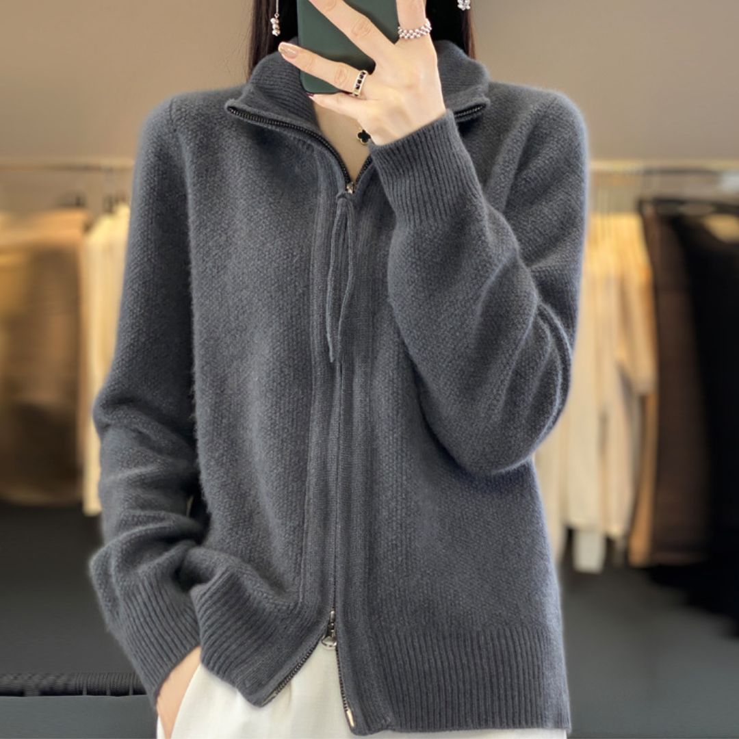 Elegante Wollmischung Zip-Up Strickjacke | Klassische Damenmode | Clara