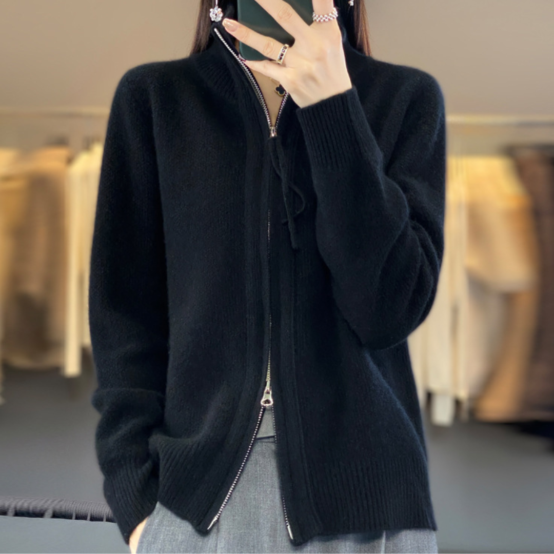 Elegante Wollmischung Zip-Up Strickjacke | Klassische Damenmode | Clara